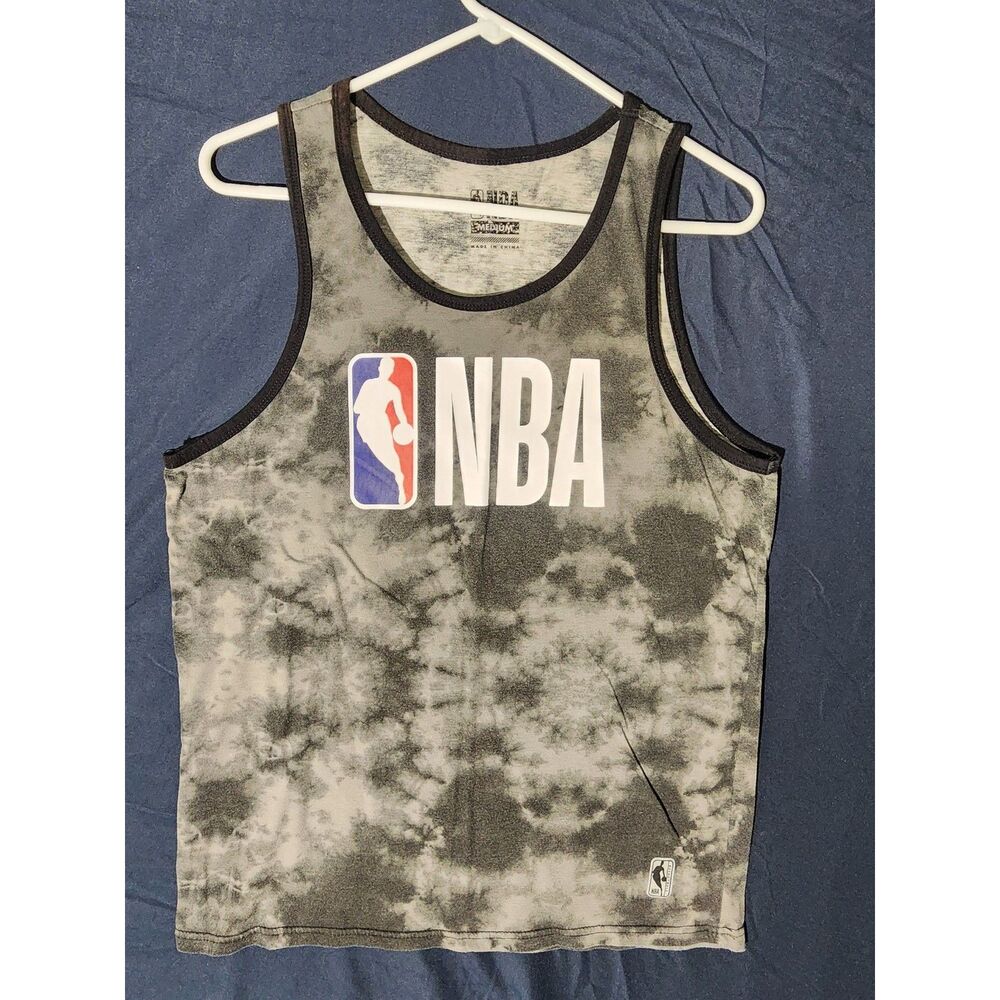 Official NBA Logo Acid Wash Tie Dye Basketball Tank Top Gray Black Medium